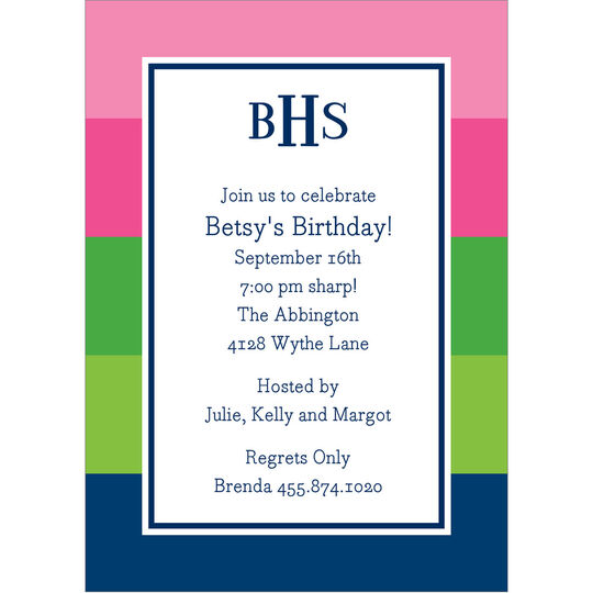 Bold Stripe Pink, Green and Blue Invitations